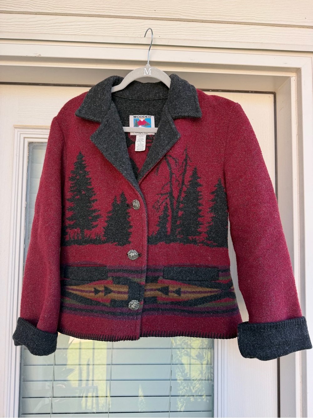 Moose Mountain Scene Red Wool Blend Jacket with Charcoal Trim